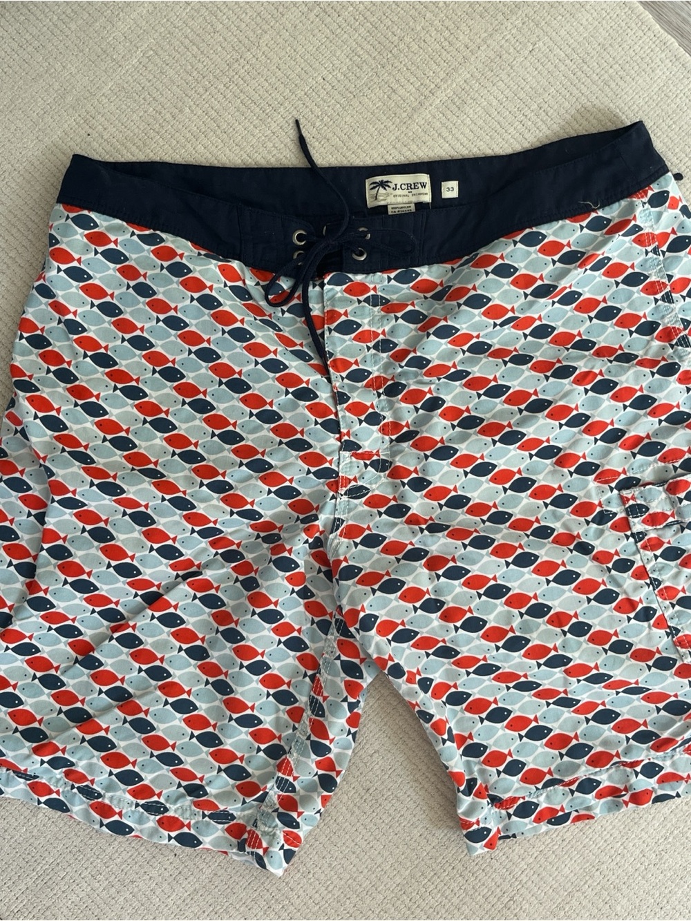 J. Crew Navy, Red & Light Blue Fish-Pattern Swim Shorts